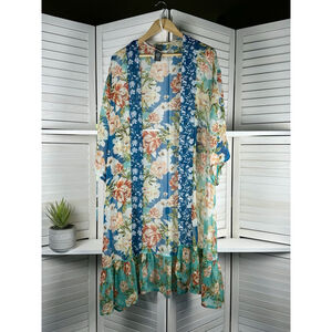 Vince Camuto Floral Duster Kimono Womens O/S Teal Orange Metallic Threads.